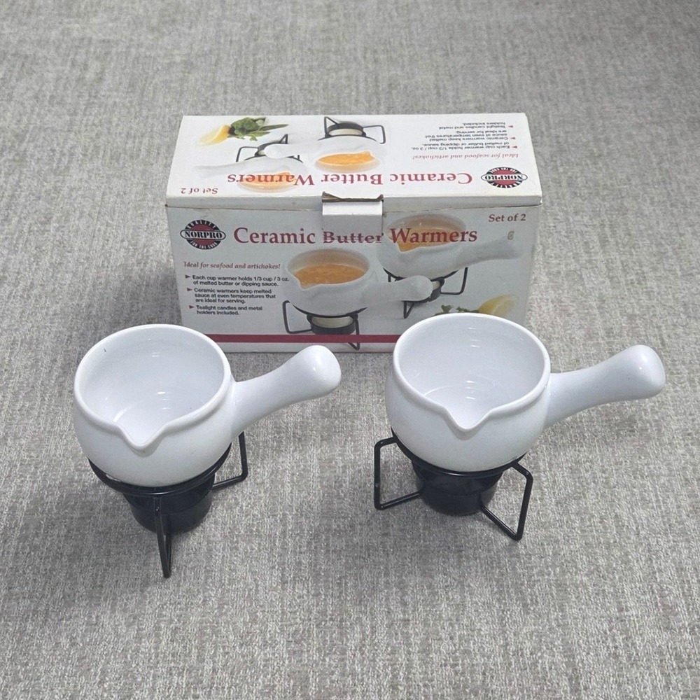 Norpro Ceramic Butter Warmers Set of 2 White Dipping Cups Seafood